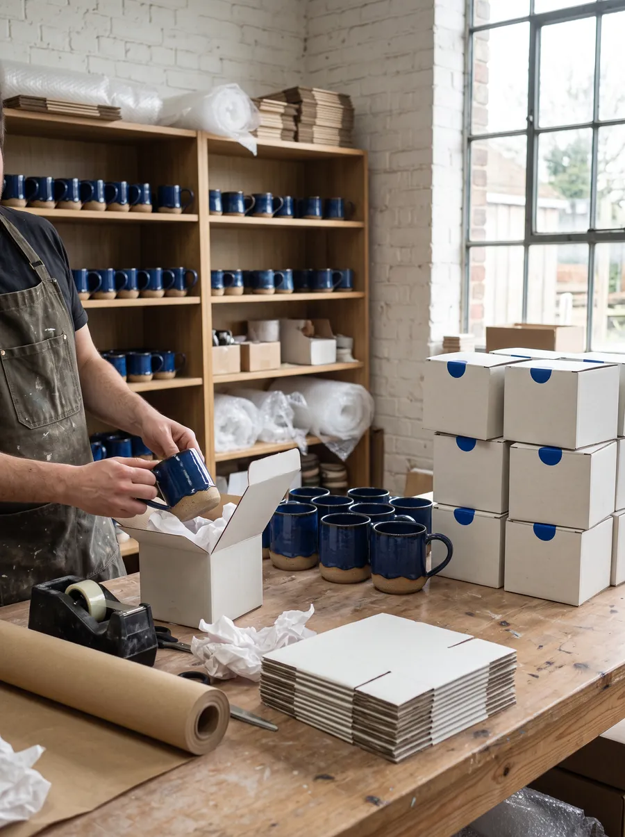 Seramik markasının paketleme masası: kobalt sırlı kupalar ve gönderime hazır kutular